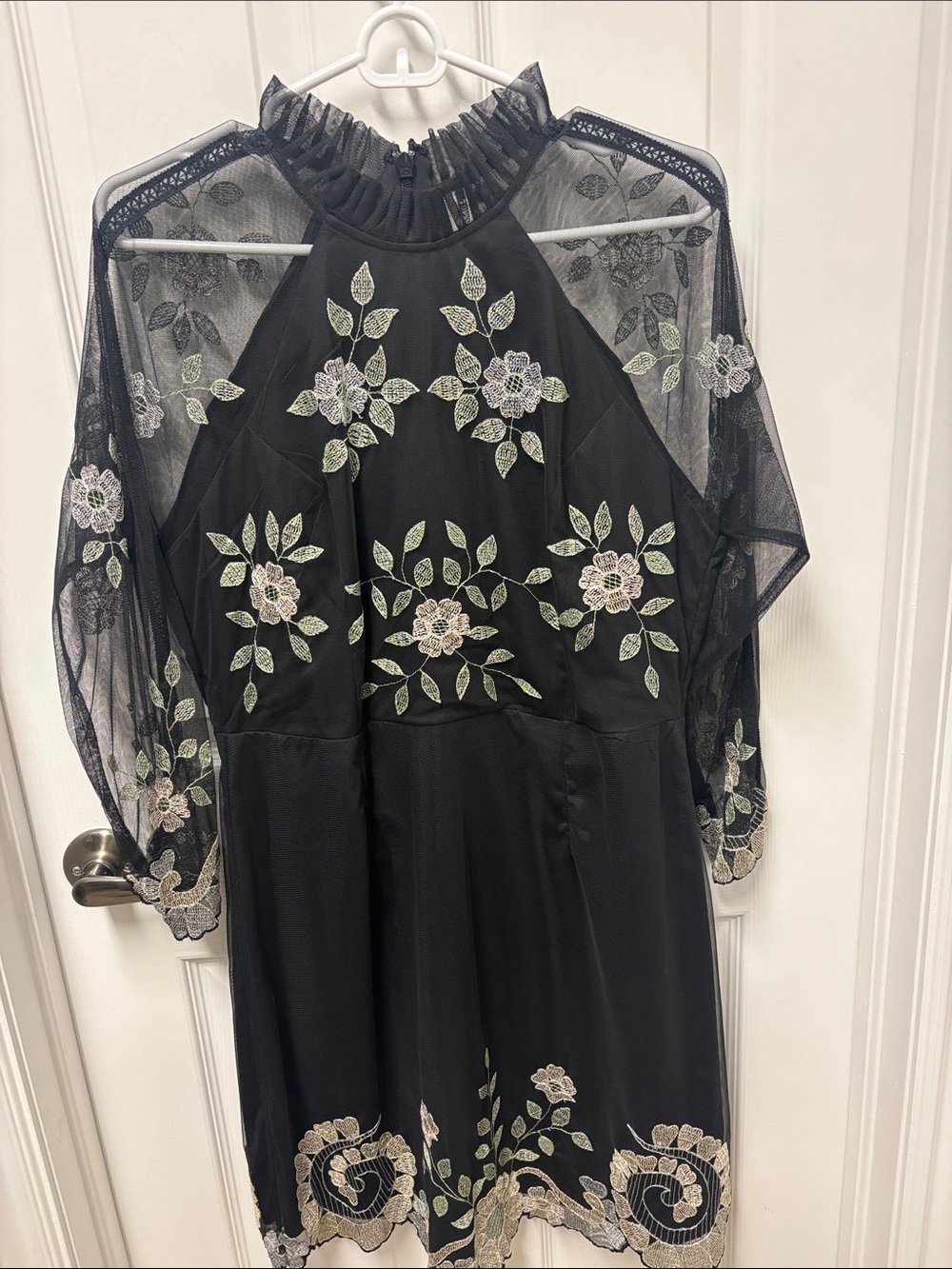 Black Floral Embroidered High-Neck Women's Dress